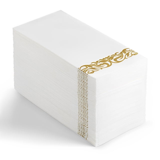 Paquete de 100 servilletas desechables doradas, servilletas de lino decorativas, servilletas de fiesta suaves y absorbentes, toallas de mano para invitados para baño, cocina, fiesta, cena o evento