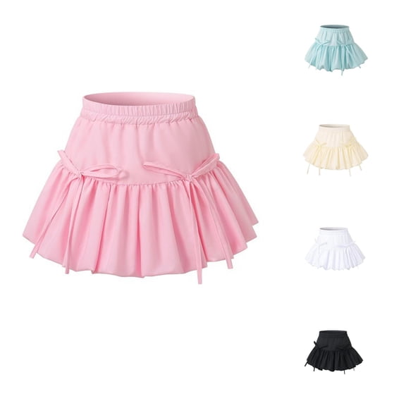WAYUTE Girls Bow Tie Ruffle Tiered Skort Elastic Waist Ribbon Puff Lantern Short Skort Solid Color Fashion Casual Daily,Pink,3-4 Y
