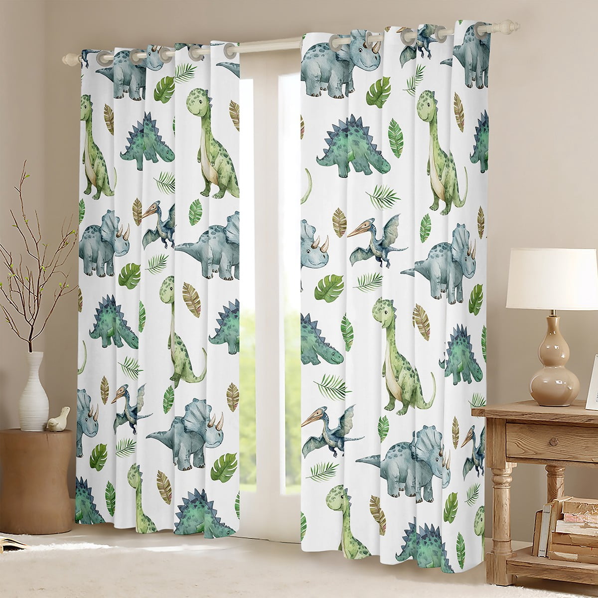 Feelyou Cartoon Dinosaur Black Out Curtains, Cute Jungle Wildlife Curtains Pack of 2 (42x63 Each), Palm Leaf Botanical Bedroom Curtains, Curtains and Drapes Home Decor