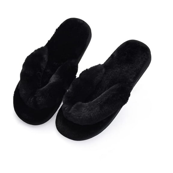 Black Flip Flop Slippers Fuzzy Fluffy Faux Fur House SPA Cute Open Toe Slippers for Women Girl/Women7.5-8.5 Men6.5-7.5 ..