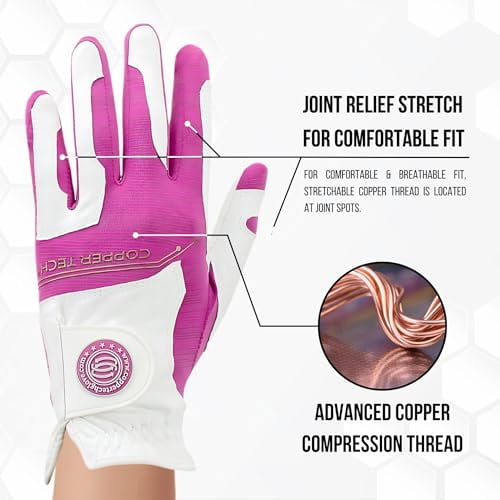 Copper Tech Ladies Golf Gloves Women (2 Pack) | Copper Compression Joint Support with Flexible & Comfortable Fit (White/Fuchsia, Small, Right)