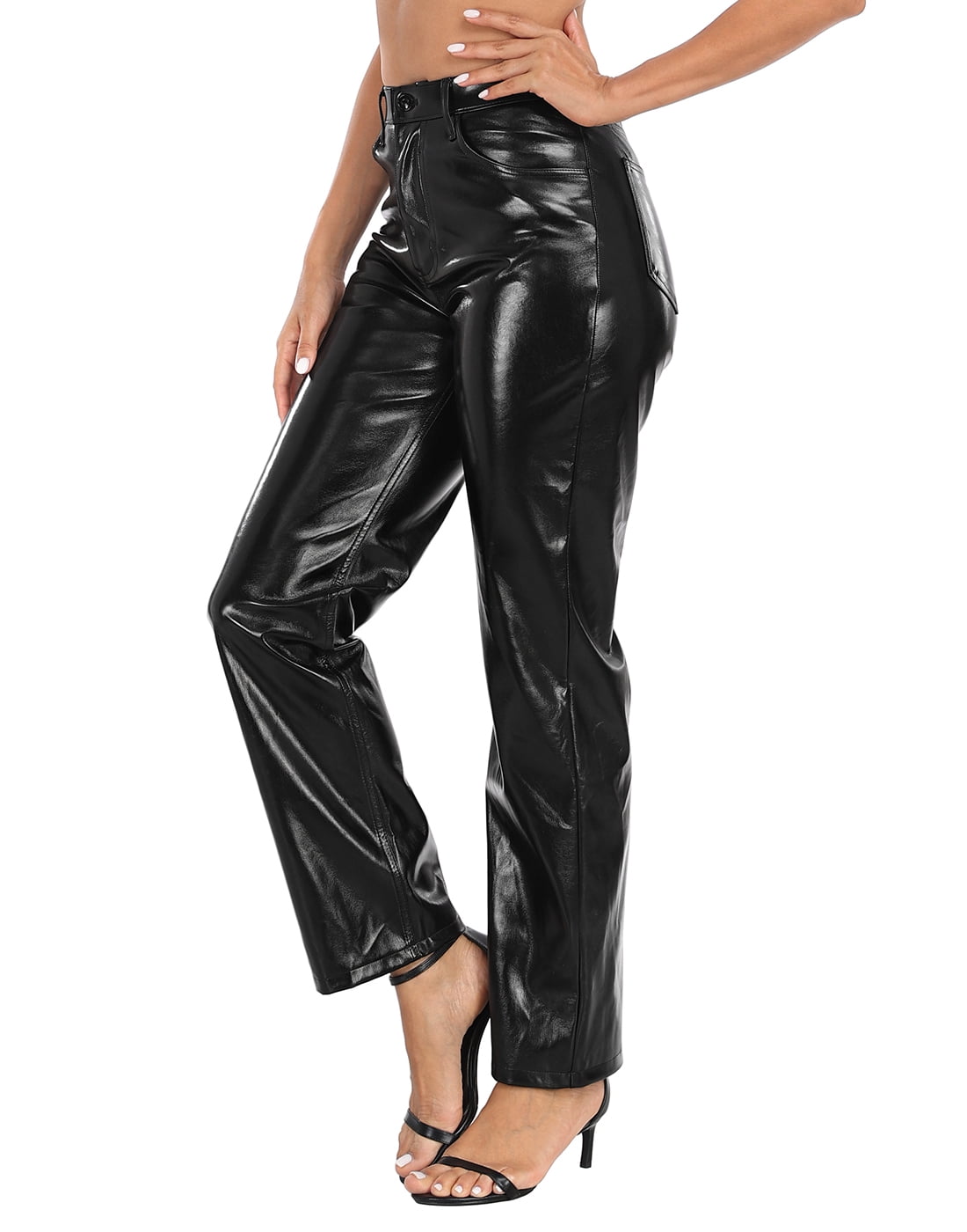 HDE Women's Metallic Faux Leather Pants High Waisted Trousers Black 16