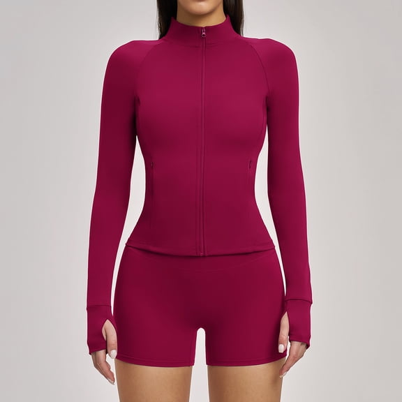 Top-kevin Womens Workout Sets Two Piece Long Sleeve Jacket Matching High Waist Shorts Sets Fall Winter Gym Work Out Clothes