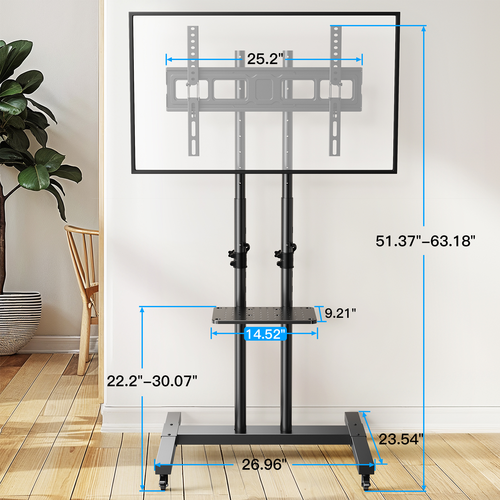MountFTV Modern Rolling TV Stand with Metal Shelf, 32-82" photo 3