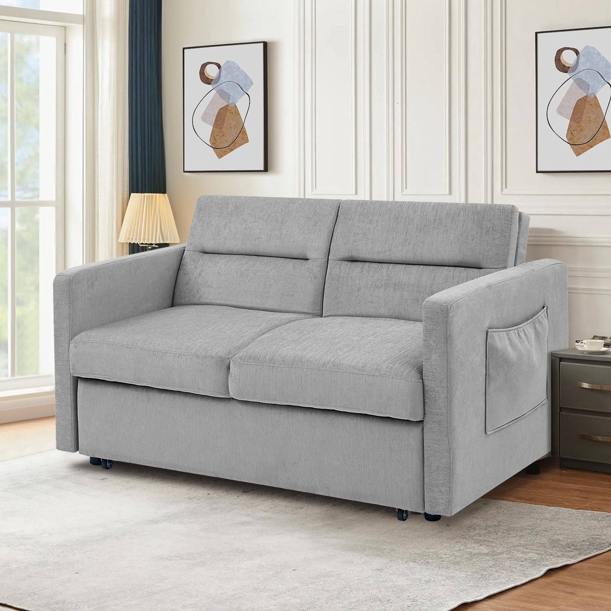 DEALTOPS Pull Out Sofa Bed, Convertible Loveseat Sleeper with Side Pockets, Gray