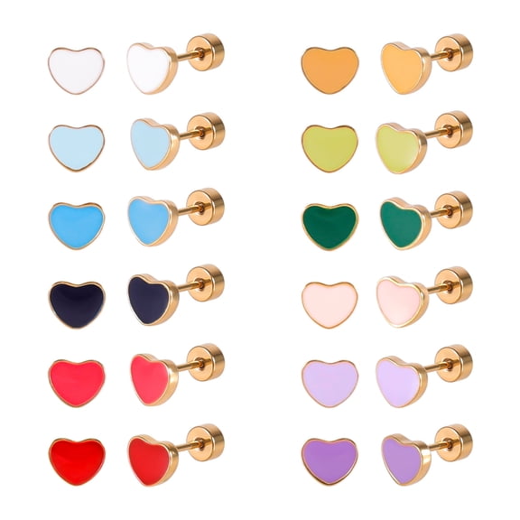 JUSTJANDM 12 Pairs Enamel Flat Back Stud Earrings Surgical Stainless Steel Round Heart Star Square Hexagon Screw Back Stud Earrings