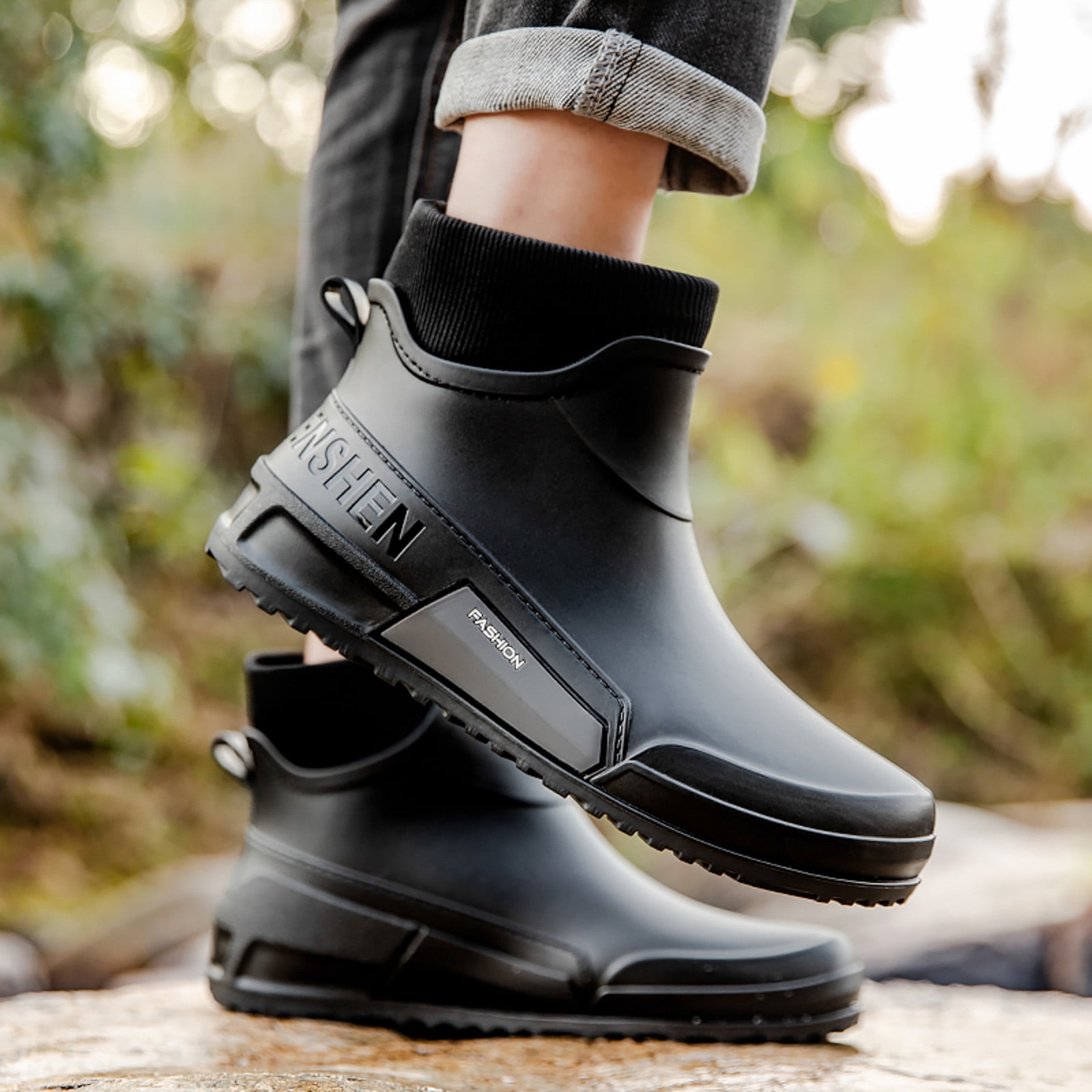 Pandaie Women's Deck Boots Waterproof Ankle Rain Boots Outdoor Fishing Garden Shoes Lightweight Anti Slip Work Rainboots Booties Black 7.5