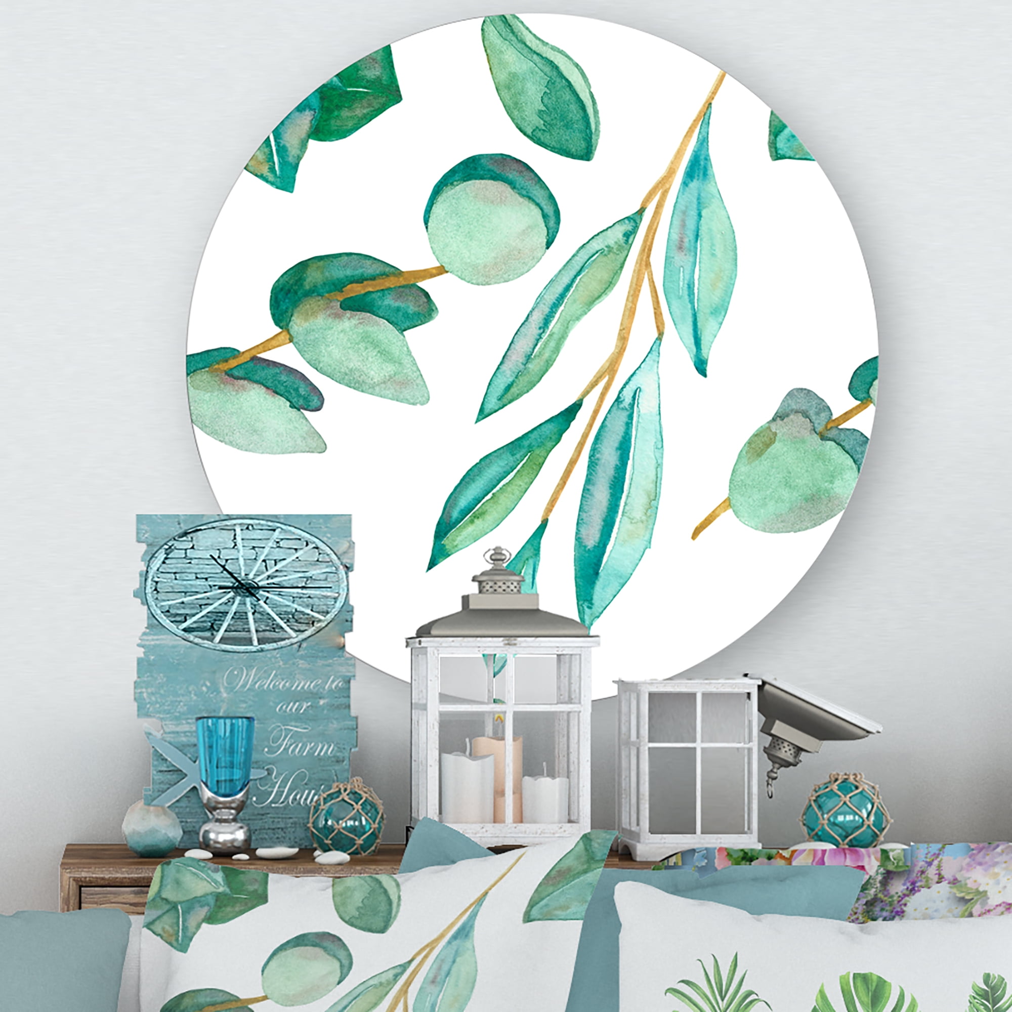 Designart 'Young Eucalyptus Branches and Leaves III' Traditional Circle Metal Wall Art 11x11 - Disc of 11