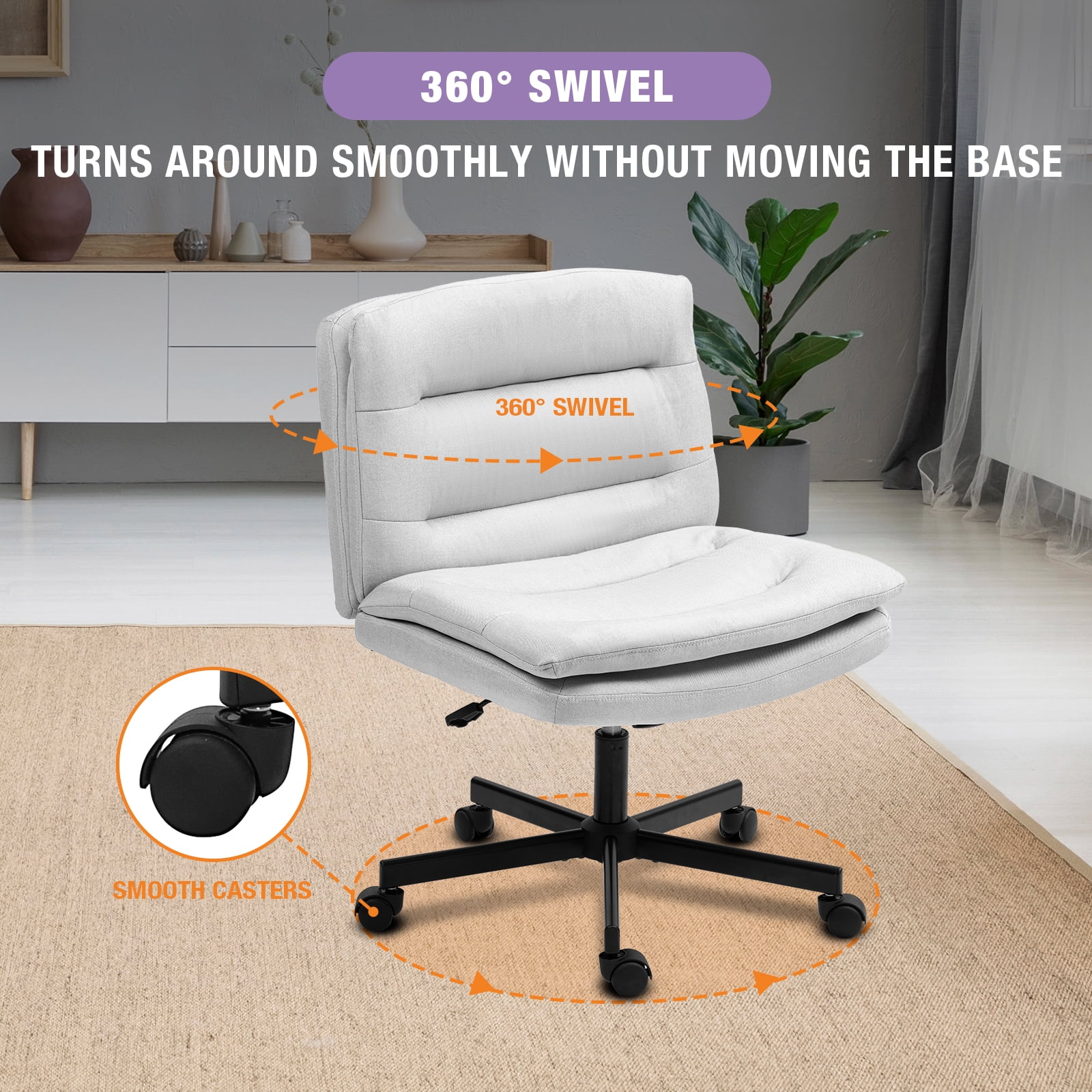 Criss Cross Legged Chair Ergonomic Home Office Desks Chair with Casters, Armless Wide Comfy Vanity Desk Seat Swivel Rolling Computer Chair, Adjustable Height, Rocking Function, Beige