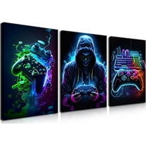 Cool Gaming Canvas Wall Art Unframed Set of 3, Retro Video Game Watercolor Poster Pictures, Neon Gamepad Gamepad Painting Prints Game Room Bedroom Wall Decor 12x16 in Unframed