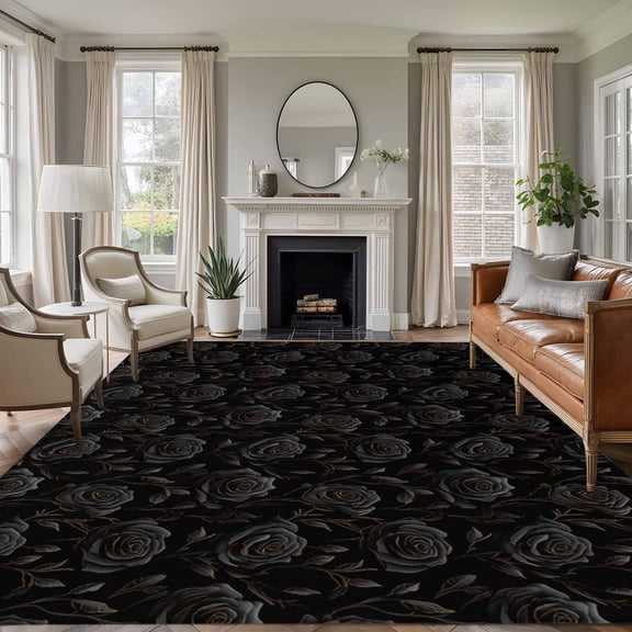 8'x10' Area Rugs, Black Spring Floral Indoor Outdoor Area Rug for Living Room Bedroom, Summer Botanical Flowers Classic Black Washable Bathroom Rugs Kitchen Floor Carpet Mats Home Decor Aesthetic