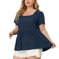 thumbnail image 1 of Women's Plus Size Tee Shirts Square Neck Textured Printed Peplum Summer Short Sleeve Tops Navy Blue 2X, 1 of 7