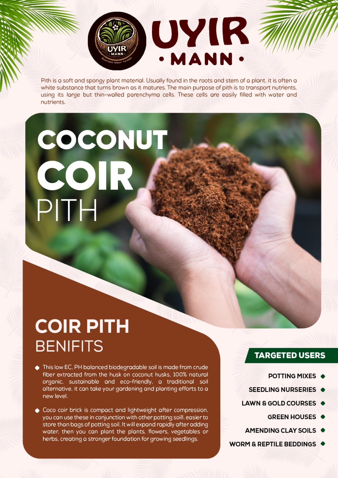 UYIR MANN Coco Coir 2 LB Brick - Premium Gardening Soil