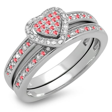 0.23 Carat (ctw) 10K White Gold Round Ruby & White Diamond Ladies Heart Shaped Bridal Engagement Ring With Matching Band