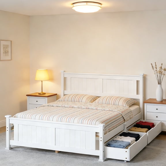 Zimtown Full Bed Frame,Solid Pine Wood Platform Bed Frame with 2 Drawers, Bedroom Bed with Headboard, White