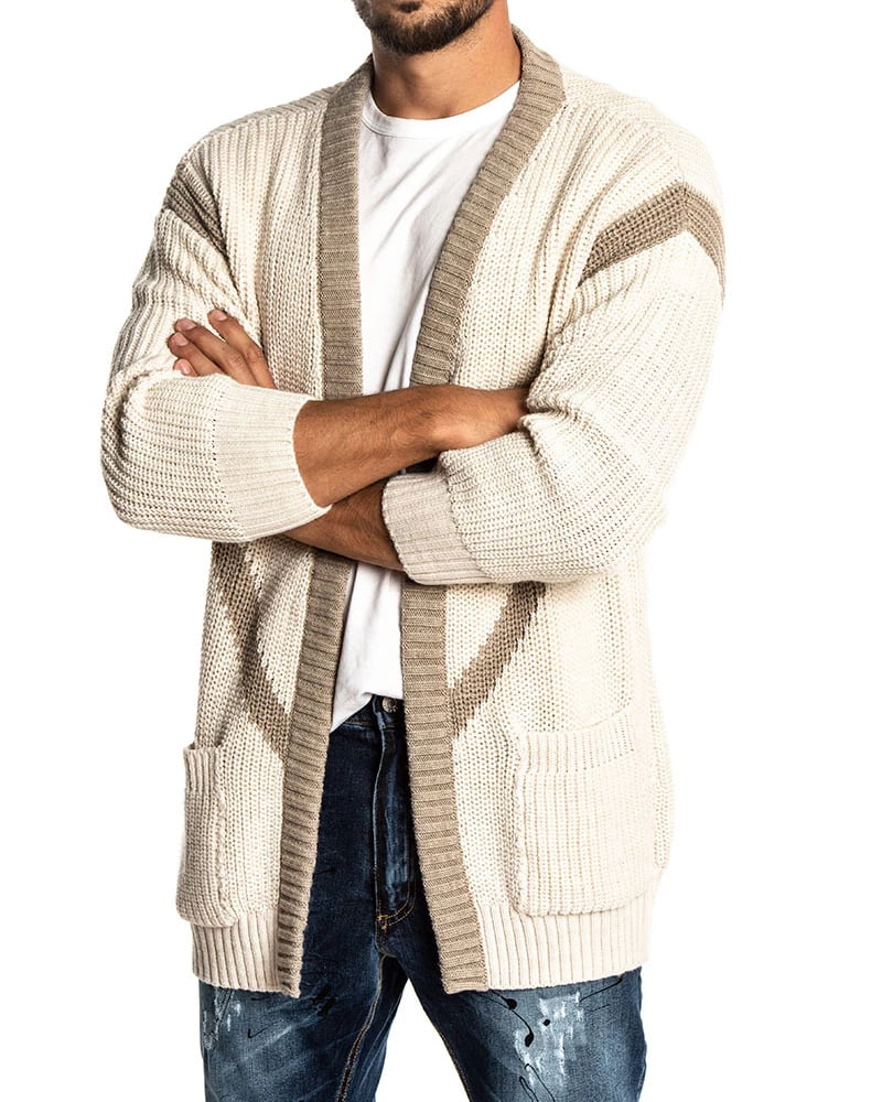 Mens Shawl Collar Open Front Long Cardigan Long Sleeve Ribbed Knit Sweaters