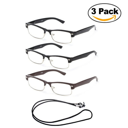 3 Pack Half Frame Semi Rimless Spring Hinge Fashion Reading Glasses with Lanyard +1.00