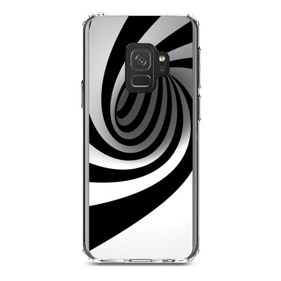 DistinctInk Clear Shockproof Hybrid Case for Samsung Galaxy S9 (5.8" Screen) - TPU Bumper, Acrylic Back, Tempered Glass Screen Protector - Black White Swirl Vortex Geometric