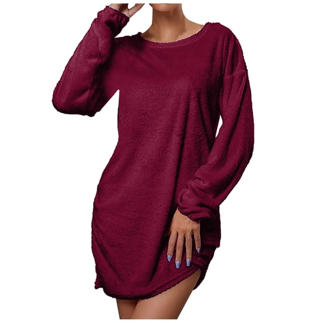 Vestidos Para Mujer Vestidos de Otoño Casual Suelto Cuello Redondo Suéter de Felpa Vestido de Manga Larga Odeerbi ODB133405