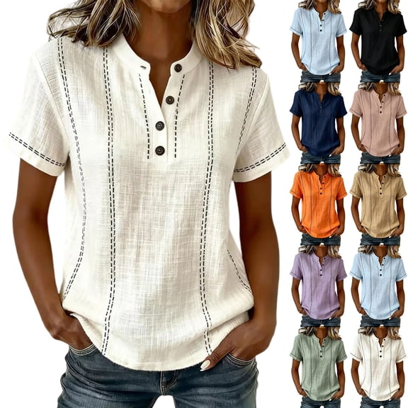 Womens Tops â Short Sleeve Daily Wear Casual Womens T Shirts Button Neck Soft Cotton Blend Loose Fit Basic Top Trendy Summer Tops for Women(Brown Size S) 2026 Sales Under $7