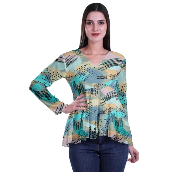 Moomaya Empire Waist Top Printed Dress V-Neck Full Sleeve Tunic Peplum Top For Women