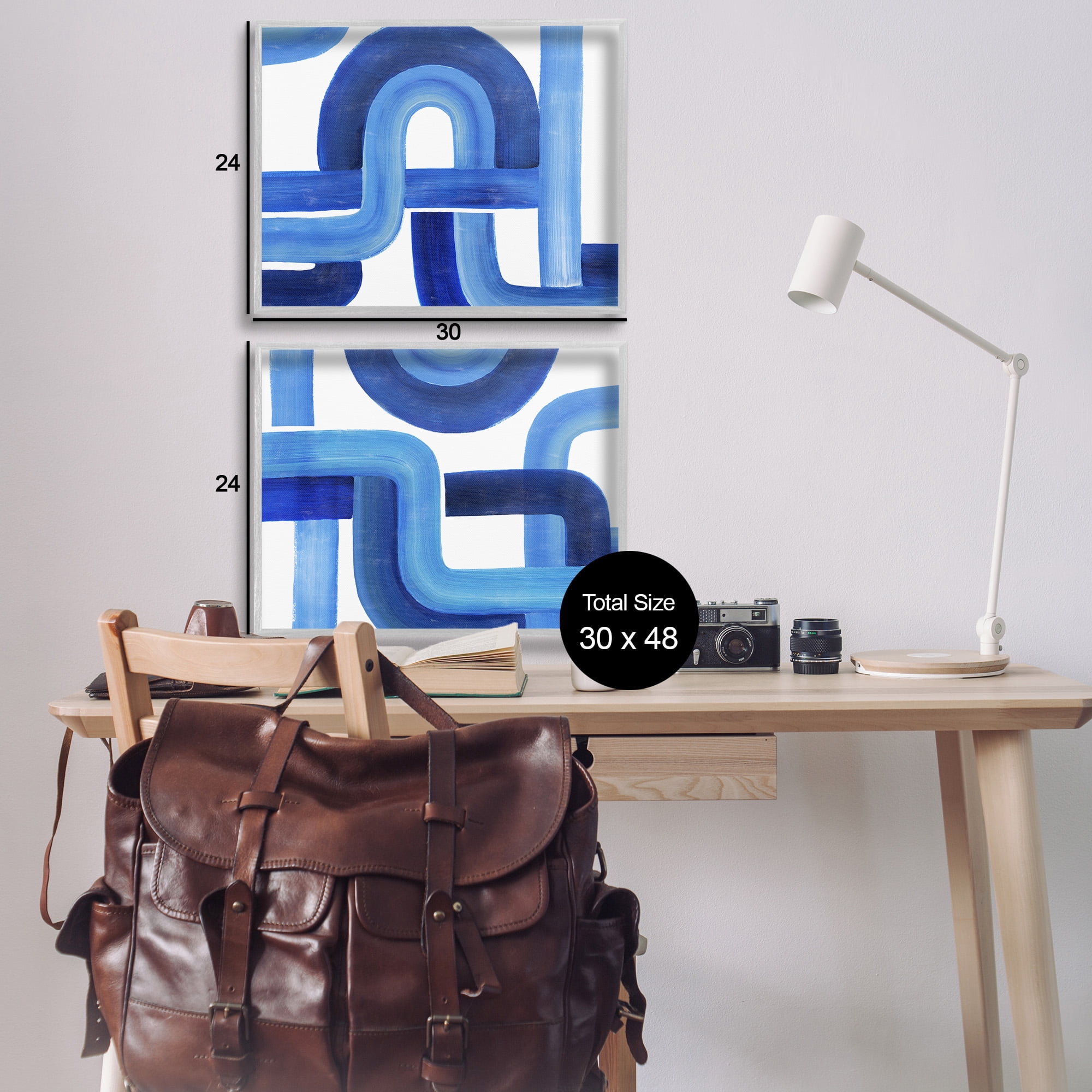 Stupell Industries Woven Blue Geometric Lines Abstract Painting Gray Framed Art Print Wall Art, 30 x 24, Set of 2