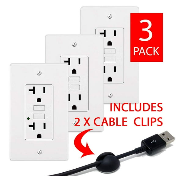 Teklectric GFCI Receptacle 1 Gang 20A 125V with LED Indicator & Wall Plate (3 Pack)