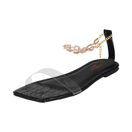 

Youmylove Women Fashion Point Rhinestone Chain Transparent Belt Flat Sandals Trendy Leisure Simple Shoes Female Footwear
