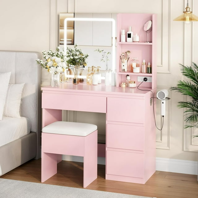 Vanity Desk with Mirror and LED Light, Vanity Desk with 4 Drawers, Power Outlet, Storage Stool, Storage Shelves & Hair Dryer Holder, Adjustable 3 Lighting Mode, Makeup Vanity Set for Bedroom