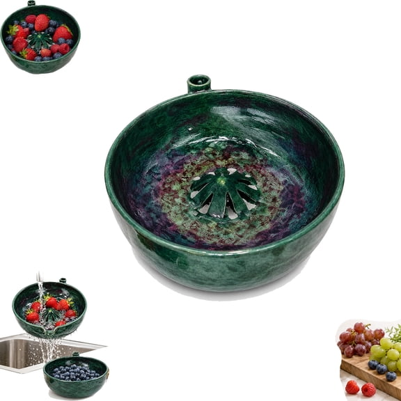 Self-Spinning Berry Washing Bowl Ceramic, Automatic 360° Fruit & Vegetable Washer Spinner with Drainage, Hydro-Vortex Berry Rinser & Colander for Kitchen, Stoneware Serving Bowl for Berries