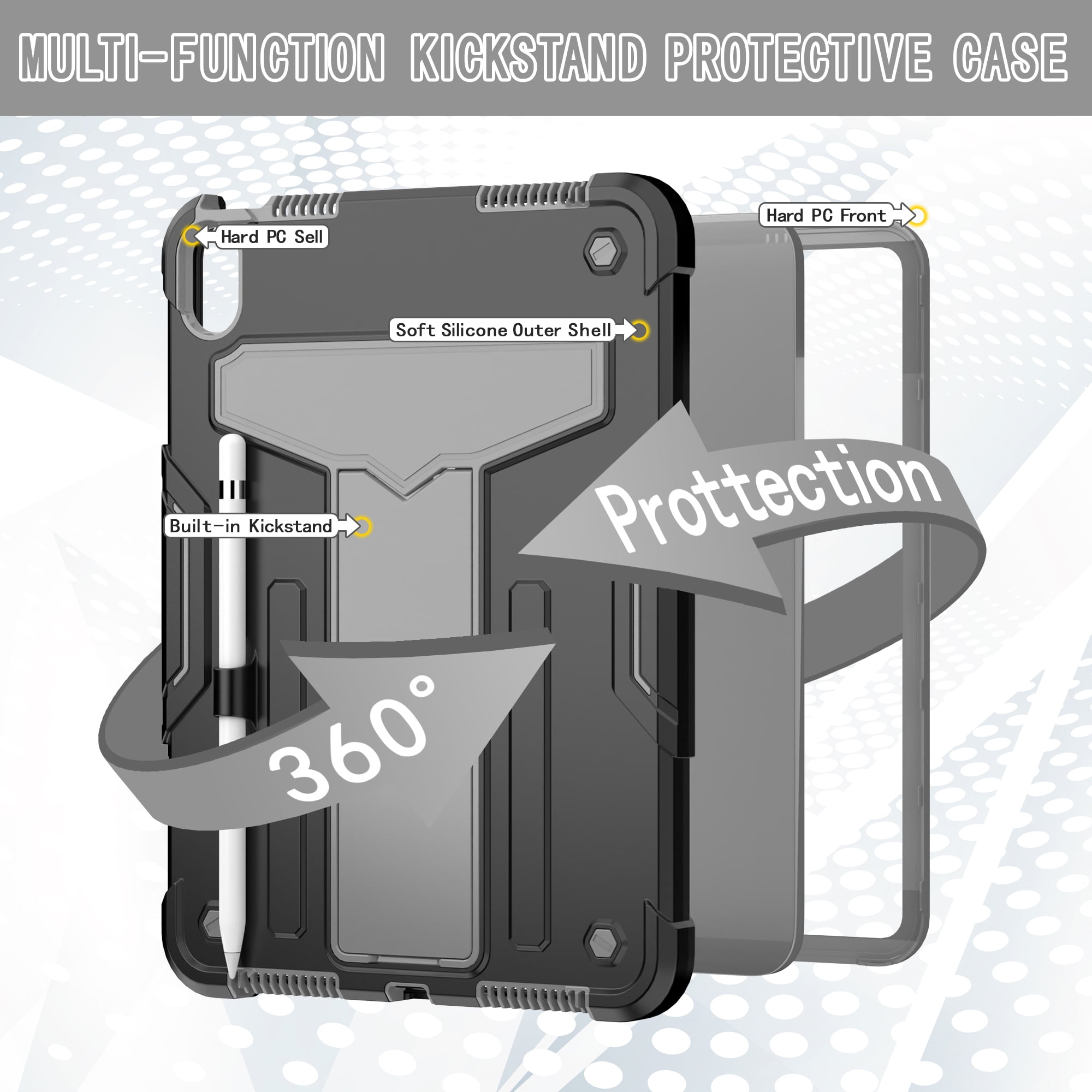 Decase Case for Apple iPad 10th Generation 10.9-inch,Shockproof Rubber Heavy Duty Rugged 3-Layer Protetion Kickstand Armor Cover with Pencil Holder, Black+Gray