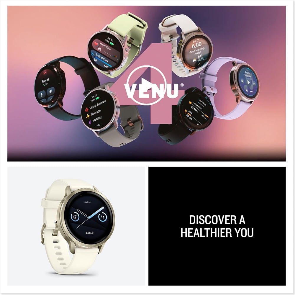 Garmin 010-03013-00 Venu 4, 41mm Health & Fitness GPS Smartwatch, Lunar Gold with Bone Silicone Band Bundle with 2 YR CPS Extended Warranty