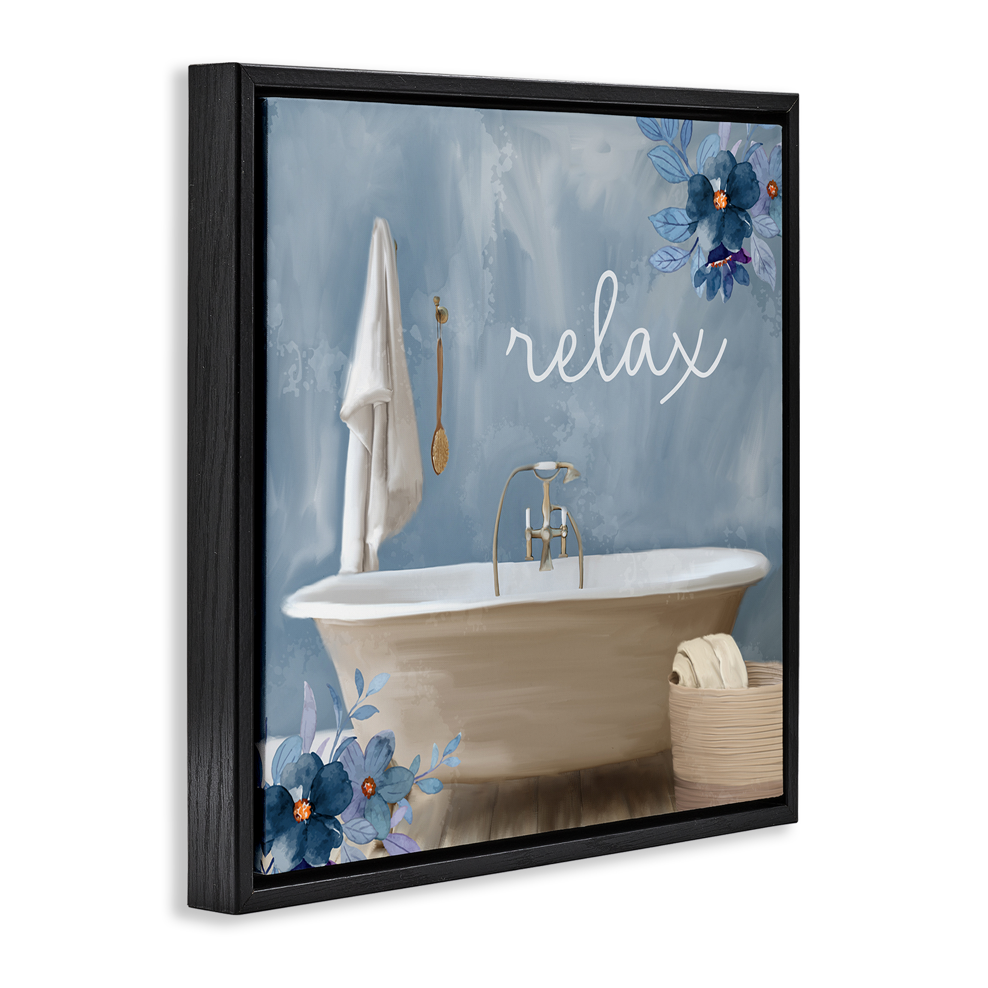 Blue Floral Relax Bathroom Scene Black Floating Frame Canvas Art, 25 x 25