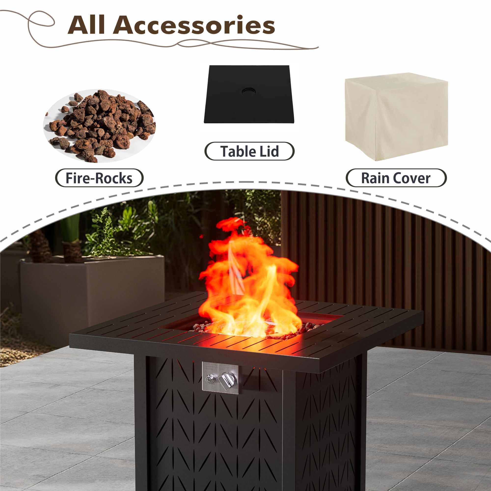 Evita 50000 BTU 30in. Square Propane Fire Pit Table Modern Outdoor Gas Fire Table with Fire Rocks