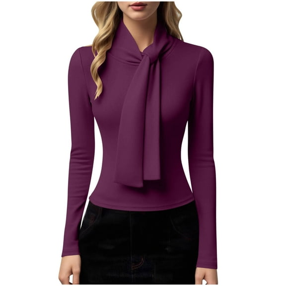 Enjoytime Shirts for Women Solid Color Ribbon Half High Neck Long Sleeve Blouses Elegant Commuting Business Casual Tops Purple L