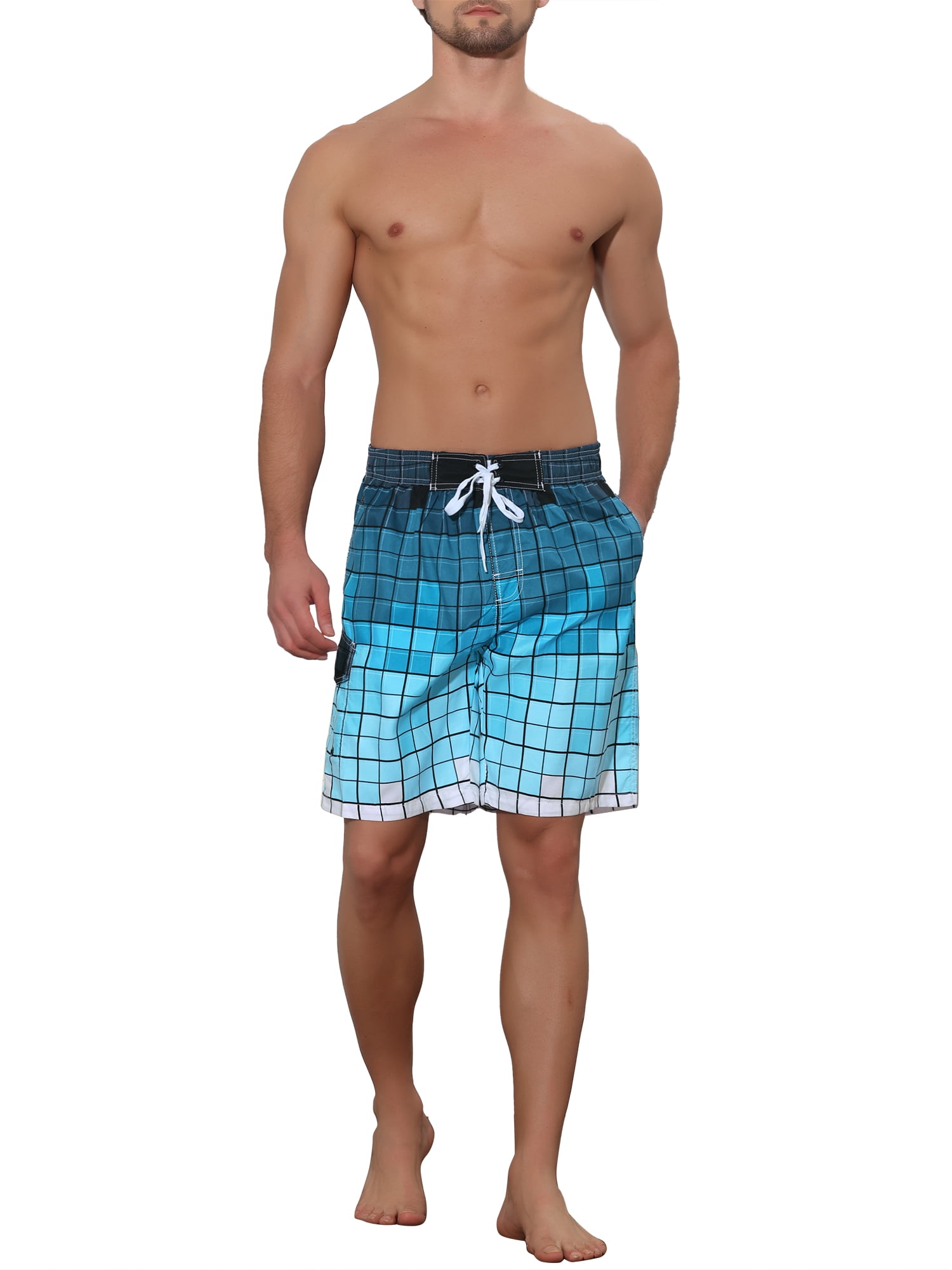Unique Bargains Men's Hawaiian Drawstring Waist Color Block Plaid Board Shorts 32 Blue