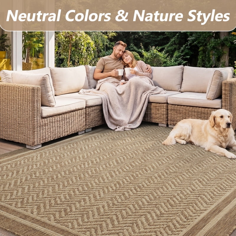 SIXHOME Outdoor Rugs 5'x7', Farmhouse Bordered Patio Rug, Indoor Outdoor Polypropylene Weave Textured Carpet, Water-Resistant, Quick-Dry Rug for Porch, Balcony, RV, Garden, Neutral Brown