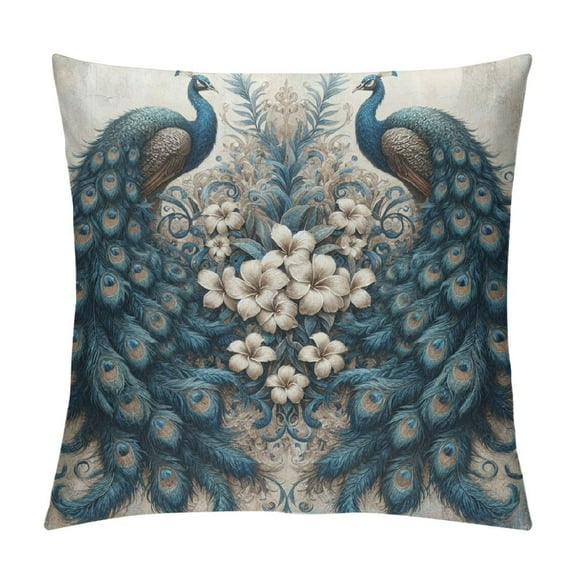 JRXY  Square Throw Pillow Covers Beautiful Elegant Blue Peacocks Pillow Cases Decorative for Home Bedroom Sofa Flowers Butterflies Animal Art Design Pillowcases White