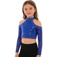 thumbnail image 4 of iiniim Girls Sequin Rhinestones Crop Top Cold Shoulder Long Sleeve Sparkle Tee Hip Hop Jazz Dance Shirt Royal Blue 8, 4 of 7