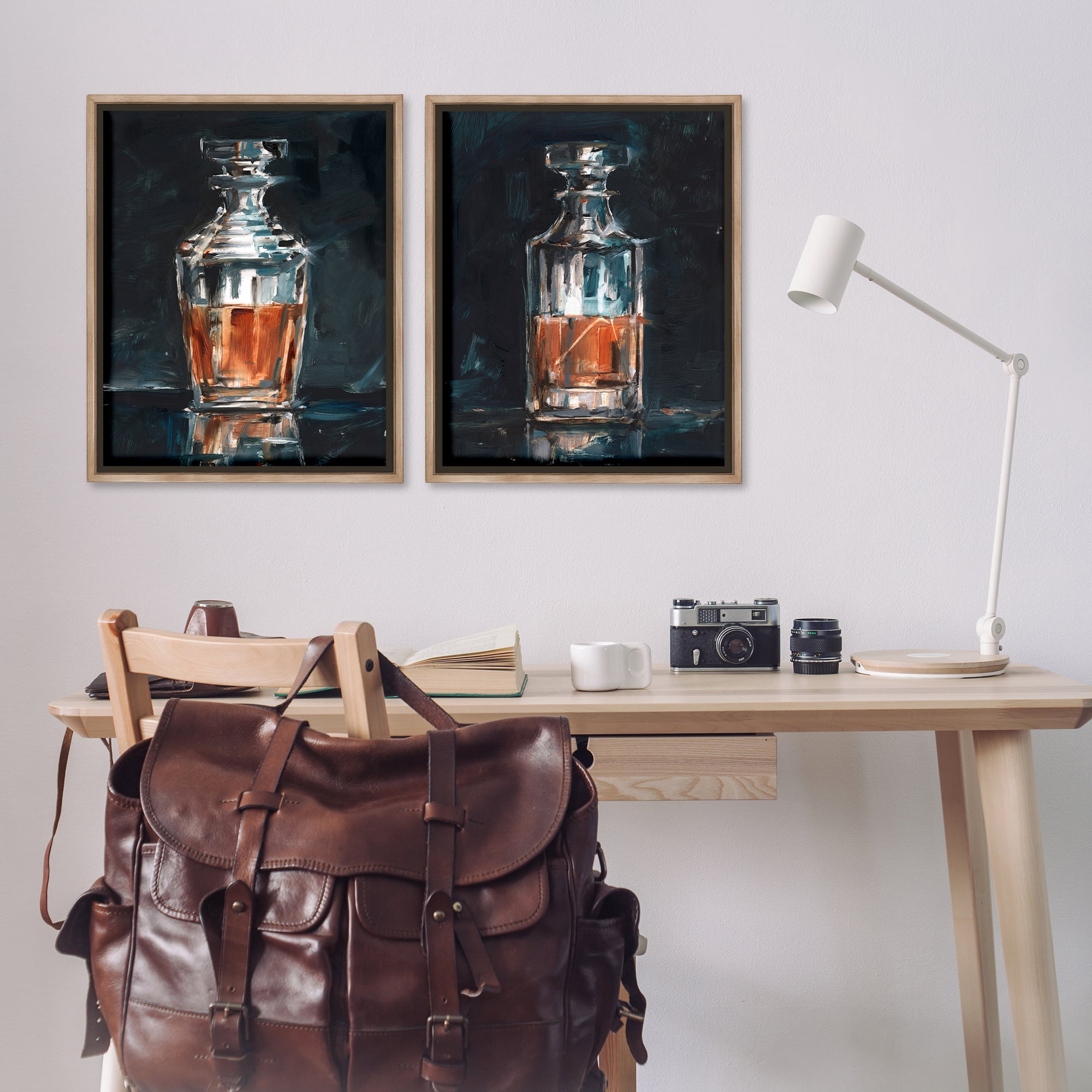 Stupell Industries Abstract Whiskey Decanters Food & Beverage Painting Brown Floater Framed Canvas Art Print Wall Art, 31 x 25, Set of 2