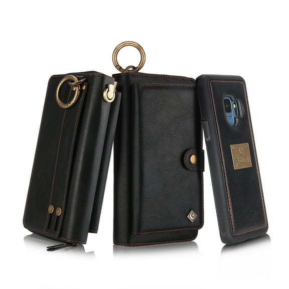 Galaxy S9 Wallet Case, Allytech Girls Women Magnets Detachable Zipper Wallet Case Cover PU Leather Folio Flip Holster Carrying Case Card Holder for Samsung Galaxy S9, Black