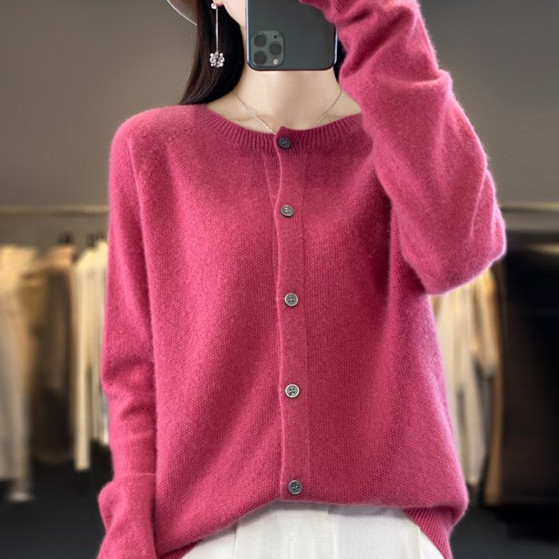 Suéter de lana de otoño e invierno, cárdigan de cuello redondo, suéter casual de color sólido para mujer, ropa de mujer a juego