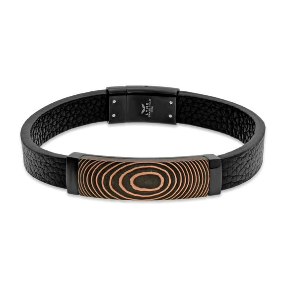 Metro Jewelry Genuine Black Leather and Black Ion Plated Stainless Steel Tree Ring Bracelet