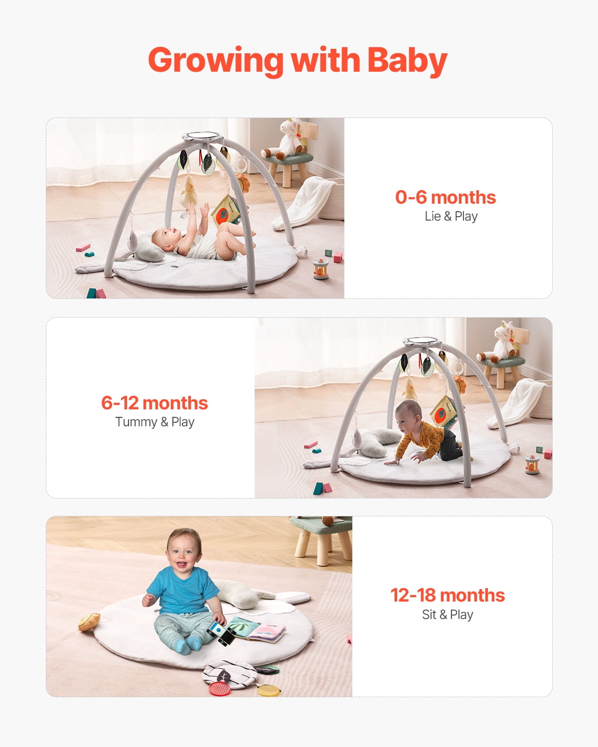VEVOR Baby Play Gym Mat, Tummy Time Mat with 5 Sensory Toys, Baby Activity Mat with Light-up Musical Duck Toy for 0-18 Months Newborn Infant, Baby Essential Gift for Sensory & Motor Skill Development