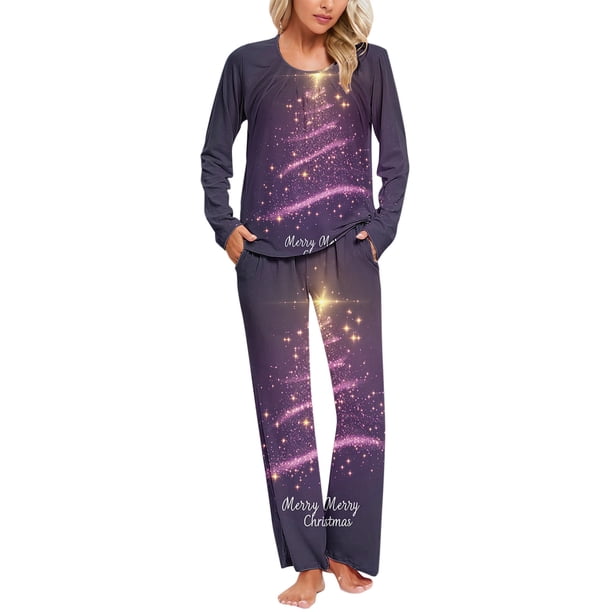 Puntoco Pijamas para mujer, conjunto de pijamas con estampado navideño, cuello redondo, bolsillo, pantalones y ropa para el hogar