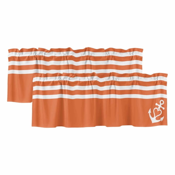 Orange Anchor Curtain Valances for Windows, Kitchen Valance Window Treatments Panel 2 Pack, Modern Nautical White Geometric Stripes Rod Pocket Short Curtains for Bathroom Bedroom 42 x 12 Inch