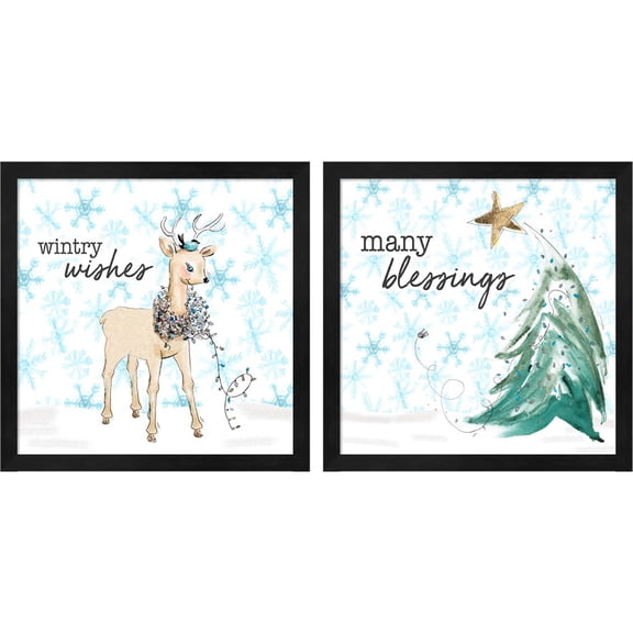Great Art Now Blue Whimsical Christmas B by Patricia Pinto, 2 Piece Framed Art Set Each 13"W x 13"H
