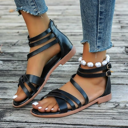 

AXXD Black Sandals for Women Summer New Plus-size Casual Flat Thin Thick Strap Beach Roman Sandals