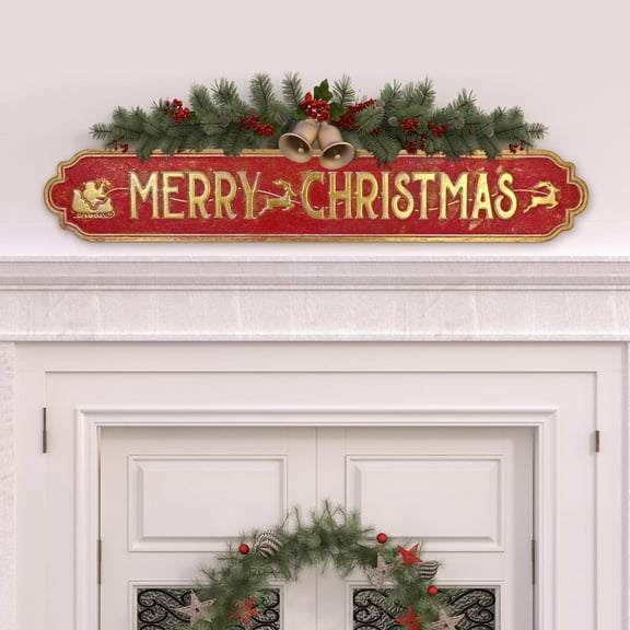 Large 42.5" Merry Christmas Sign with Santa Sleigh, Vintage Outdoor Christmas Sign for Porch, Fireplace, Farmhouse Christmas Signs for Home Decor