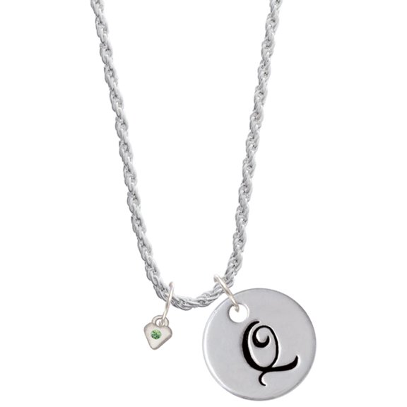Delight Jewelry Silvertone Mini August - Lime Green Crystal Heart Silvertone Script Initial Disc - Q - Charm Necklace, 20"+3"
